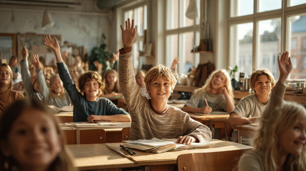 Engaged students in a modern Helsinki secondary school classroom, interacting phone-free with natural light and subtle views of the Helsinki port through large windows.