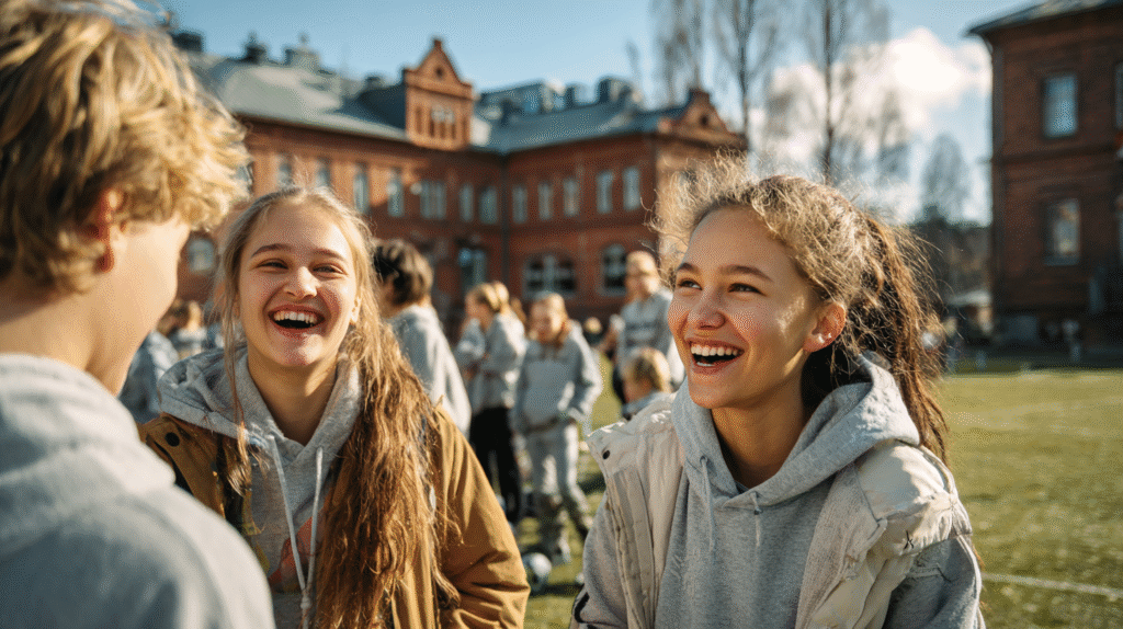 Students focused and engaged in a phone-free Finnish classroom using lockable phone pouches for schools