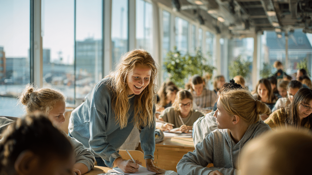 Teacher engaging with students in a phone-free Finnish classroom using lockable phone pouches for schools